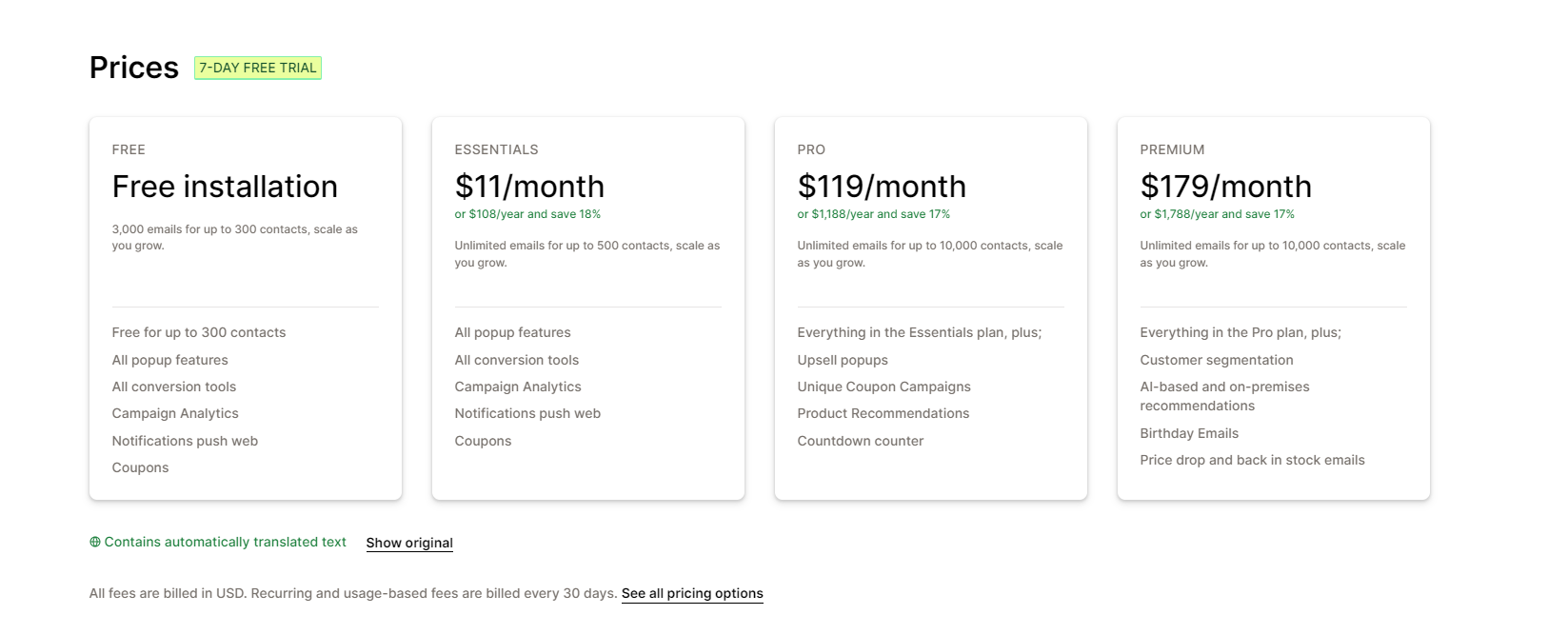Automizely email marketing pricing plans